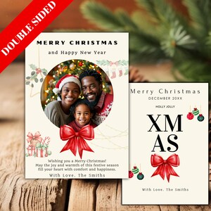 ヴィンテージホリデーカスタム両面カードテンプレート、無料で編集可能なクリスマスカード、赤い家族写真のクリスマスカード、クリスマス 2025 カード、クリスマスカード