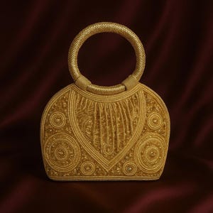 May include: A gold-colored handbag with a circular handle. The bag features intricate embroidered patterns, including swirls and vertical lines, on its rounded body. The background is a deep burgundy.