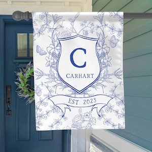 Chinoiserie Monogram Customizable Floral Flag Blue White Personalized Family Crest Established Year Butterfly Flag Traditional Classic Style