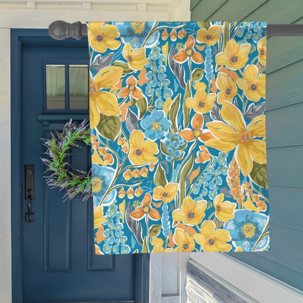 Watercolor Wildflowers Flag Golden Yellow & Cornflower Blue Garden Flag Outdoor Decor  Aloha Street Spring Daffodil Blue Bonnet Flower