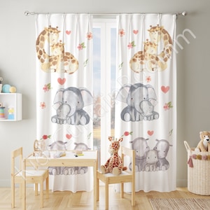 Mother and baby safari animals nursery room curtains, Window curtains, Cute baby room curtain, watercolor nursery curtain