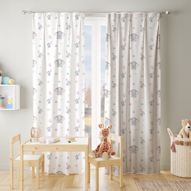 Elephants and Balloons Baby Girl Room Curtain Nursery Curtains Window ...