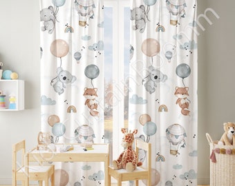 Woodland Nursery Curtains, Safari animals nursery curtains. Baby room curtains, bear, lion, elephant nursery curtains, Window curtains