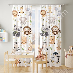Woodland Nursery Curtains, Safari animals nursery curtains. Baby room curtains, bear, lion, elephant nursery curtains, Window curtains