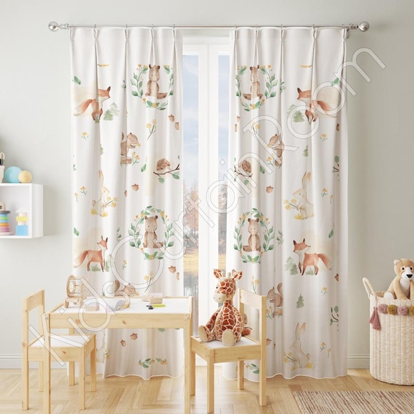 Baby woodland animals nursery room curtains, Window curtains, Nursery baby room curtain, watercolor nursery curtain