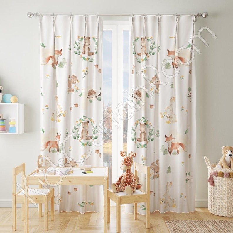 Baby woodland animals nursery room curtains, Window curtains, Nursery baby room curtain, watercolor nursery curtain image 1