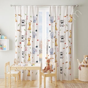 Safari animal family nursery room curtains, Window curtains, Nursery baby room curtain, watercolor nursery curtain