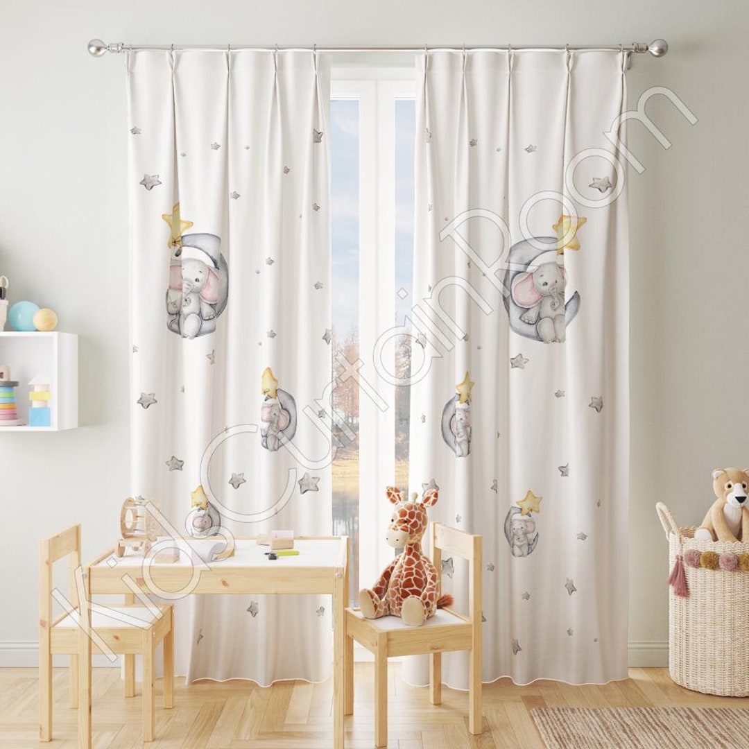 Moon and Elephant Nursery Room Curtains, Window Curtains, Baby Boy Room