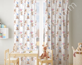 Balloons and teddy bear nursery room curtains, Window curtains, baby boy room, Nursery baby room curtain, custom curtain