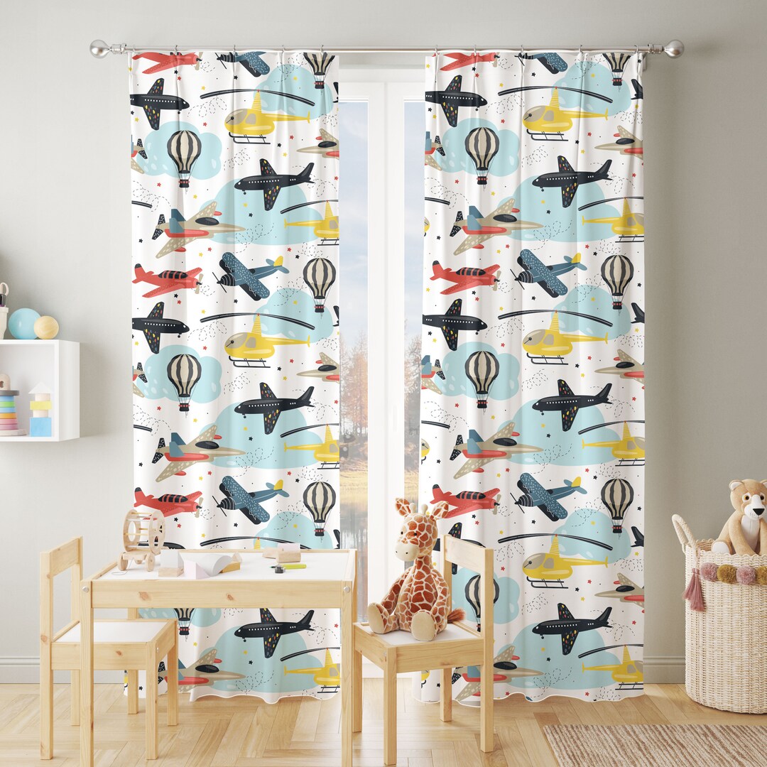Balloon and Airplane Nursery Room Curtains, Window Curtains, Baby Boy