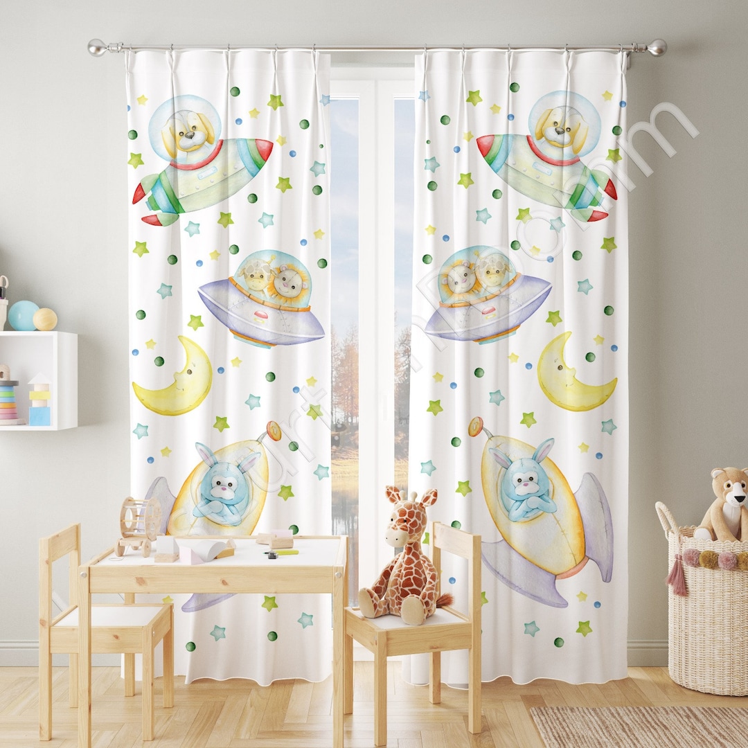 Cute Space Animals Nursery Curtains, Boys Nursery Curtains. Baby Room