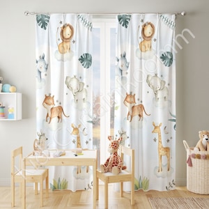 Woodland Nursery Curtains, Safari animals nursery curtains. Baby room curtains, bear, lion, elephant nursery curtains, Window curtains