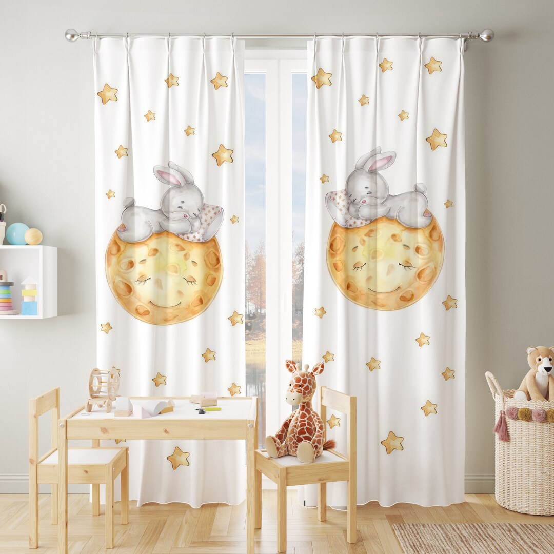 Sleeping Bunny and Moon Nursery Room Curtains, Baby Boy Room, Nursery