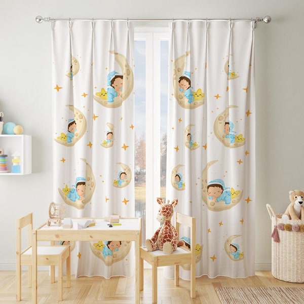 Baby curtain watercolor, baby sleeping on the moon, Nursery room curtains, Window curtains, Cute baby room curtain, Personalized curtain