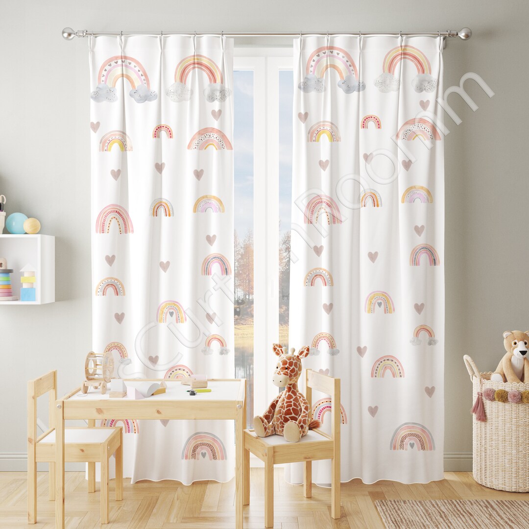 Baby Room Curtain Watercolor Rainbow, Nursery Room Curtains, Window