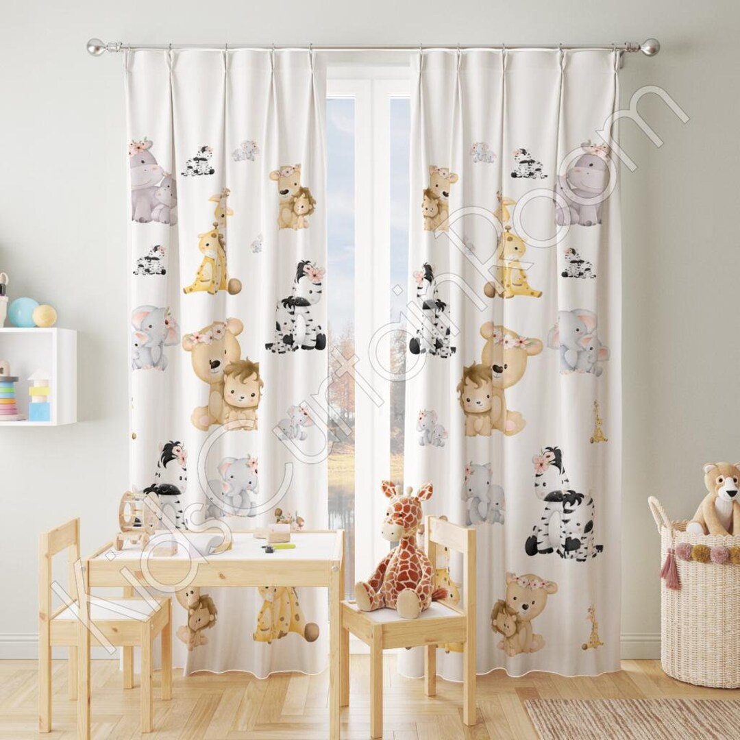 Baby Jungle Animals Nursery Room Curtains, Window Curtains, Cute Baby Room Curtain, Watercolor