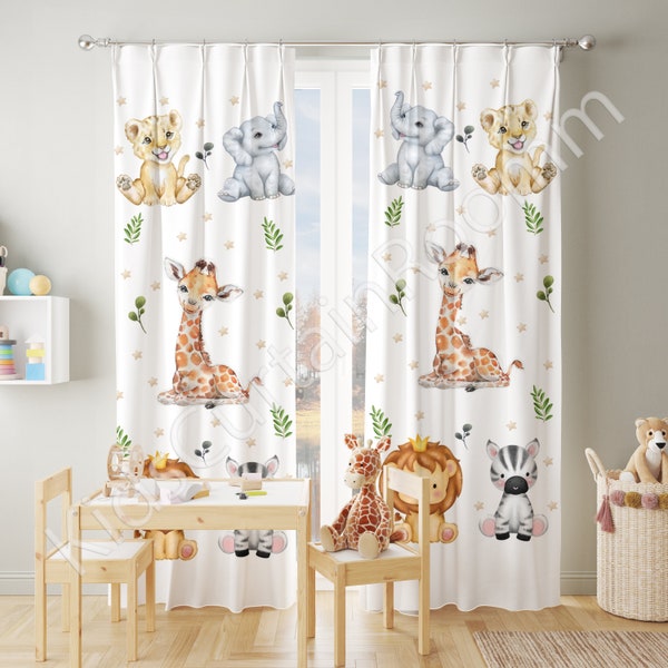 Safari animals nursery curtains. Woodland Nursery Curtains, Baby room curtains, bear, lion, elephant nursery curtains, Window curtains