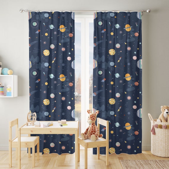 Boys Window Curtains Space Kids Space Blue Heavy Satin Blackout