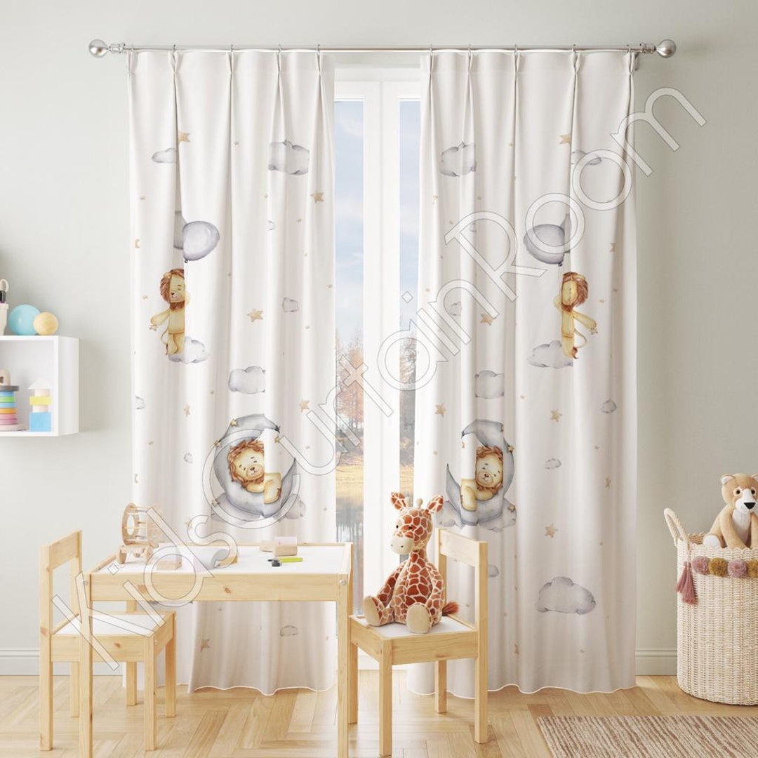 Moon and Baby Lion Nursery Room Curtains, Window Curtains, Baby Boy