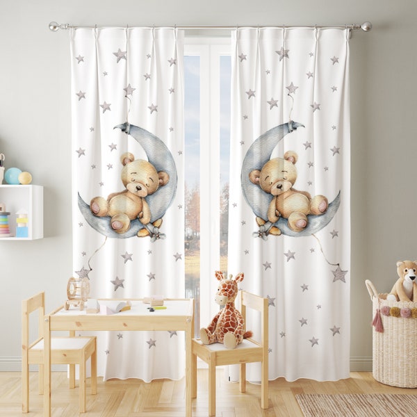 Teddy Bear Moon and Stars Baby Boy Room Curtain, baby boy room, Nursery baby room curtain, custom curtain, Window curtains