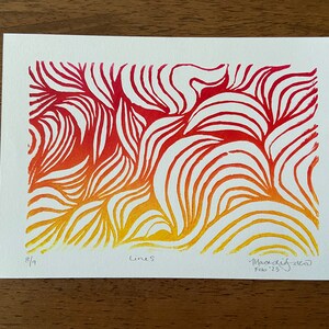 Abstract sunset inspired wall art | Handmade original linocut print | Unique wall art for living areas | Warm colored art for office