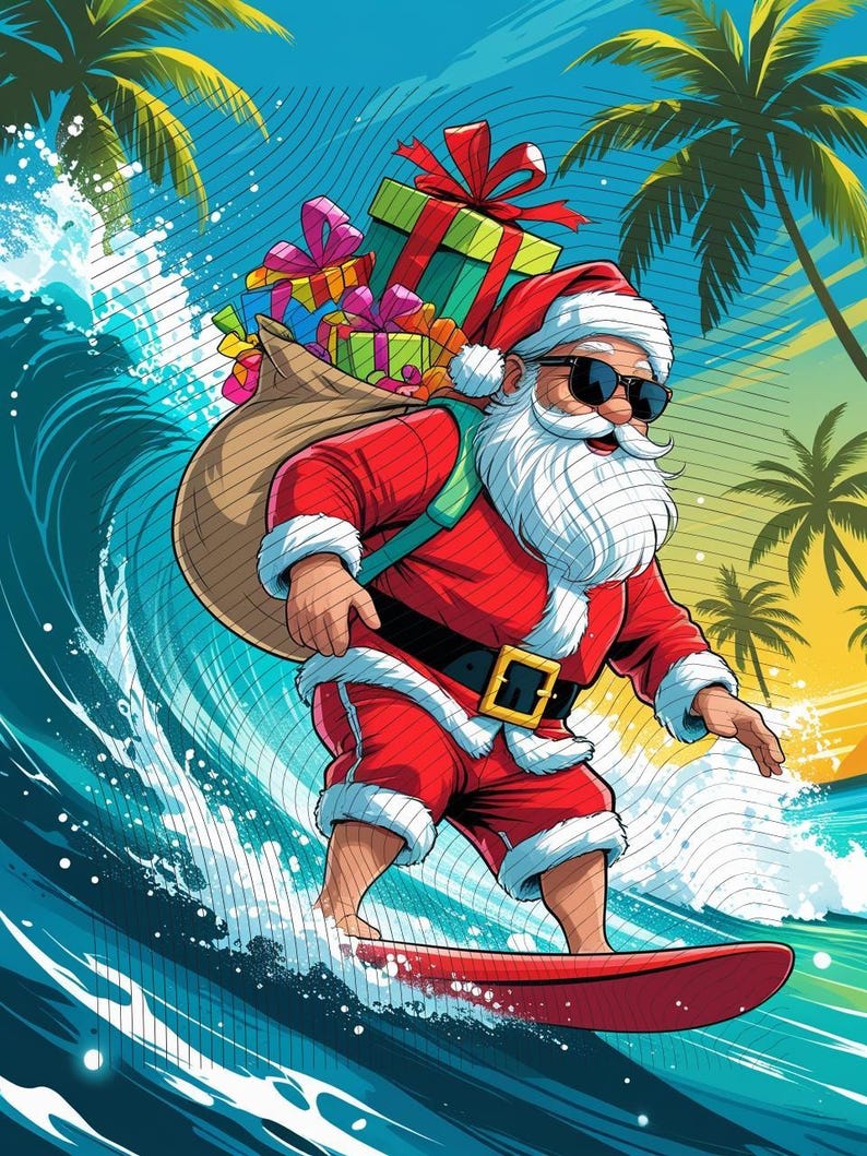 Surfin' Santa – Funny Christmas Beach Digital Art…