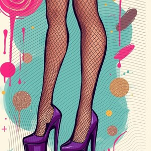 Könnte beinhalten: Illustration von Beinen in schwarzen Netzstrümpfen und lila Plateau-High Heels. Der Hintergrund zeigt abstrakte Formen in Pink, Türkis und Gold, mit einem Lollipop-Design. Das Kunstwerk hat einen Pop-Art-Stil.