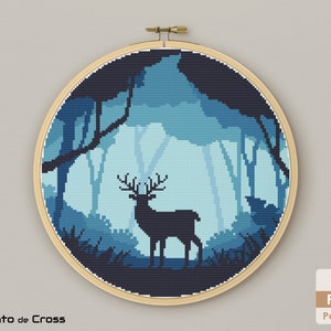 Landscape Cross Stitch Pattern, Deer Night Cross Stitch, Landscape embroidery design - Instant download PDF