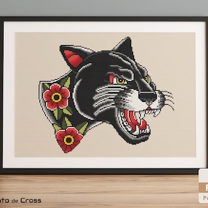 Panther Cross Stitch Pattern, Old School Tattoo Panther cross stitch, Panther embroidery design - Instant download PDF