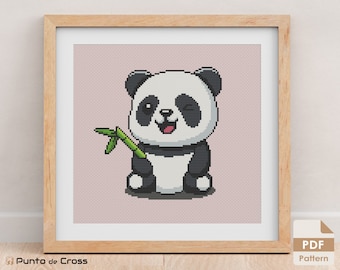 Panda Cross Stitch Pattern, Cartoon Panda bear embroidery design - Instant download PDF