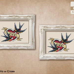 Patrón punto de cruz Corazón - Juego de 2 patrones - Patrón Corazón Tatuaje Punto de Cruz Mom / Dad- Archivo PDF descarga inmediata