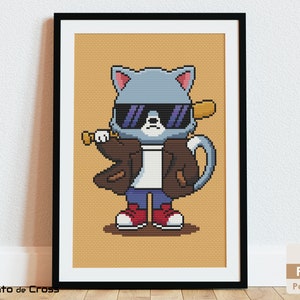 クールな猫のクロスステッチパターン、漫画猫の刺繍デザイン - PDF をすぐにダウンロード