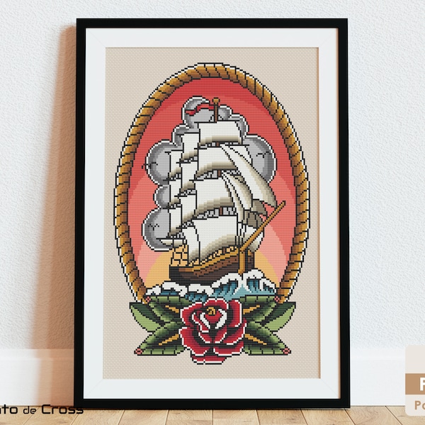 Ship Cross Stitch Pattern, Old School Tattoo Ship cross stitch, Ship embroidery design - Instant download PDF