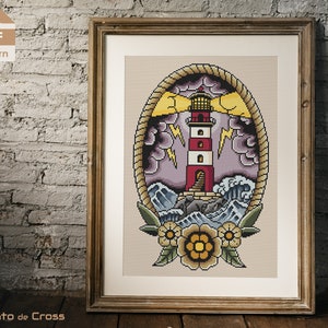 Lighthouse Cross Stitch Pattern, Old School Tattoo Lighthouse cross stitch, Lighthouse embroidery design - Instant download PDF