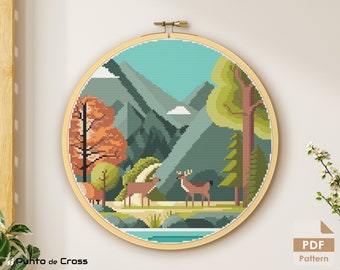 Patrón punto de cruz Paisaje - Ciervos / Bosque punto de cruz - Archivo PDF descarga inmediata
