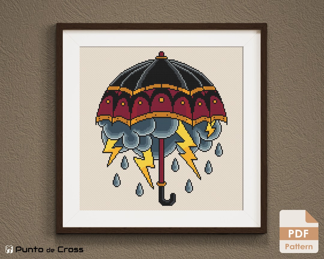 Umbrella Cross Stitch Pattern, Old School Tattoo Umbrella Cross Stitch