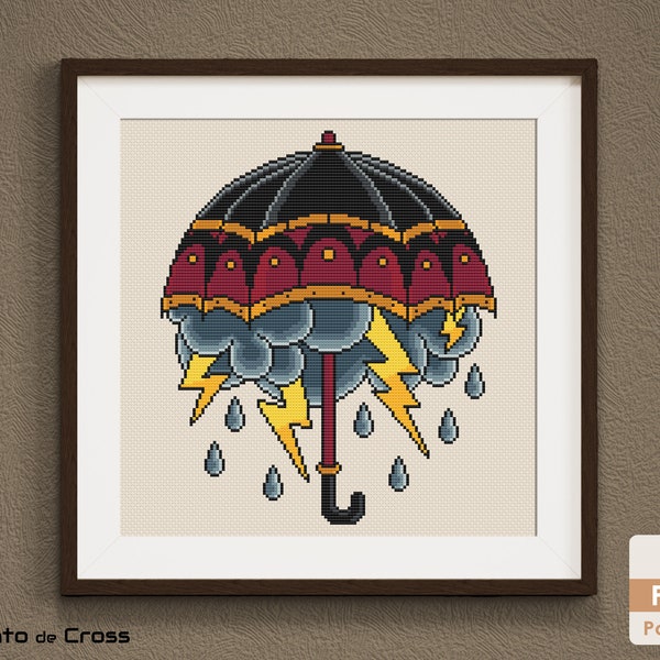 Umbrella Cross Stitch Pattern, Old School Tattoo Umbrella cross stitch, Umbrella embroidery design - Instant download PDF