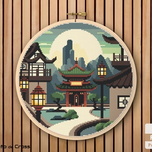 日本の寺院のクロスステッチパターン、風景のクロスステッチ、日本の刺繍デザイン - PDF をすぐにダウンロード