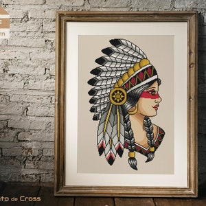 Indian Girl Cross Stitch Pattern, Old School Tattoo Indian cross stitch, Tattoo embroidery design - Instant download PDF