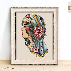 Patrón punto de cruz Mujer Gitana - Patrón Cabeza  Gitana Tatuaje Tradicional Punto de Cruz - Archivo PDF descarga inmediata