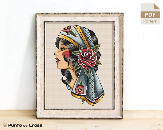Gypsy Lady Cross Stitch Pattern, Traditional Tattoo Gypsy Cross
