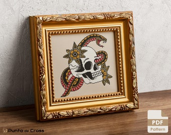 Skull and Snake Cross Stitch Pattern: Old School Tattoo Embroidery (PDF Pattern)