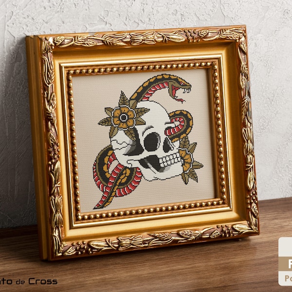 Tête de mort Cross Stitch Pattern, Old School Tattoo Skull et Snake cross stitch, Skull broderie design - Téléchargement instantané PDF