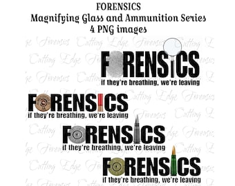 FORENSICS with Fingerprint and Magnifying Glass AND with Shell Casings and Ammunition/Crime Scene/Latents/Evidence/4 PNG Digital Files