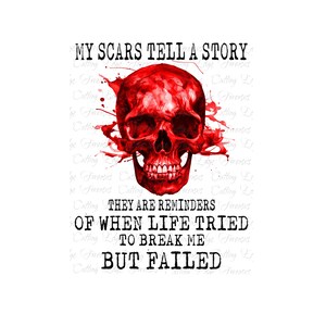 Mis cicatrices cuentan una historia: son recordatorios de cuando la vida intentó romperme pero falló/Cráneo sangriento de acuarela/Letras negras o blancas/2 archivos PNG