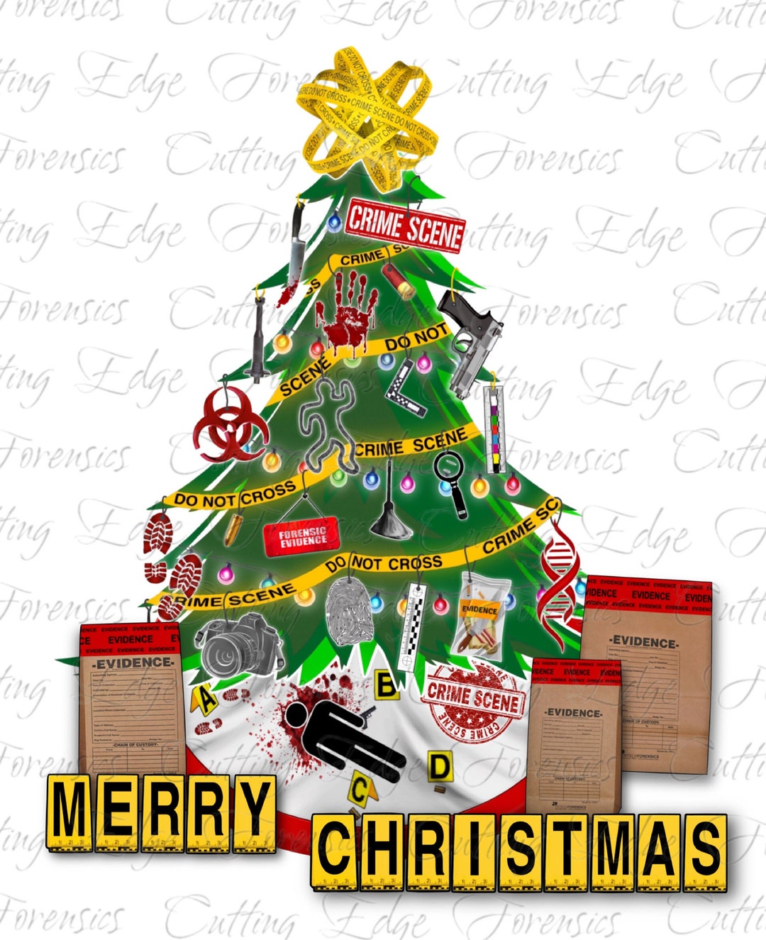 Crime Scene Christmas Tree/dead Body/evidence/fingerprints/dna/blood