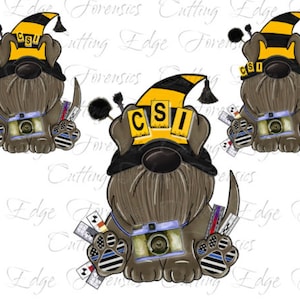 Puede incluir: Tres ilustraciones de dibujos animados de un perro marrón que lleva un sombrero CSI negro y amarillo, una placa de policía negra y azul y una cámara. El perro sostiene una cámara y tiene una huella de pata azul y negra en su pierna.