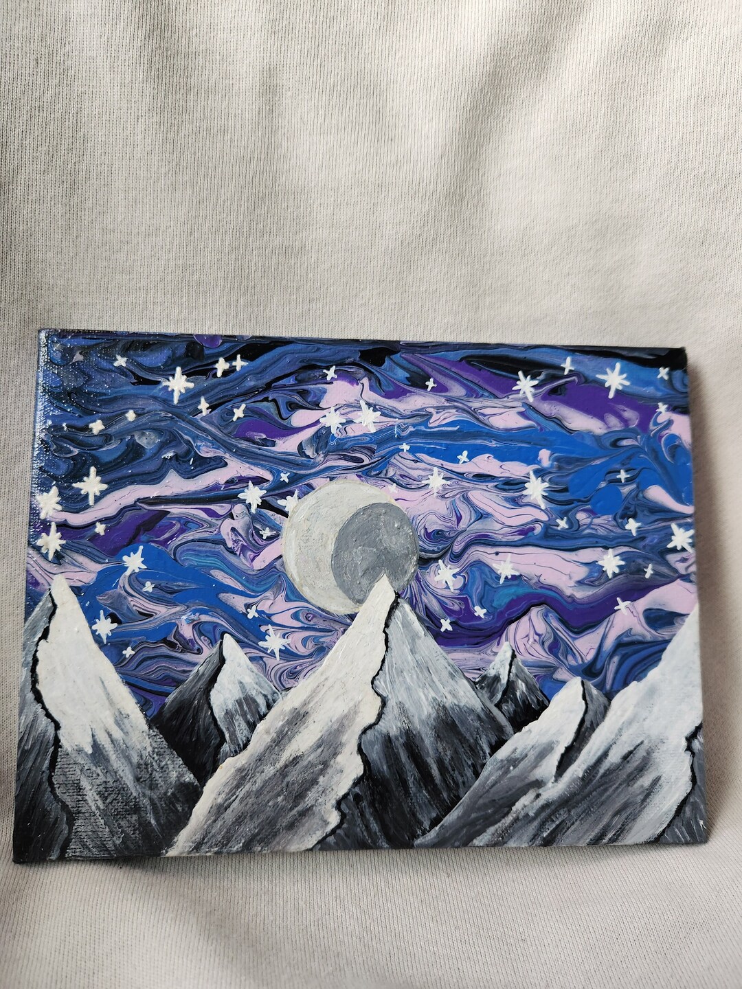 Fantasy Galaxy Sky Over Snowy Mountains - Original Acrylic 8"x6" Canvas ...