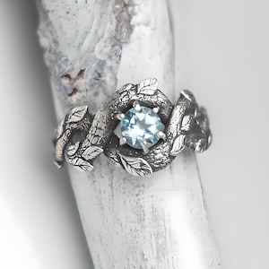 Blue Dragon Ring- Natural Blue Topaz Elvish Celtic Engagement Ring Viking Wedding Ring for Women Fantasy Leaf and Vine Jewelry Gift for Her