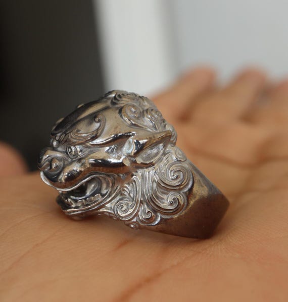 Silver Foo Dog Ring- Giant Asian Foo Lion Dog Ring Chinese